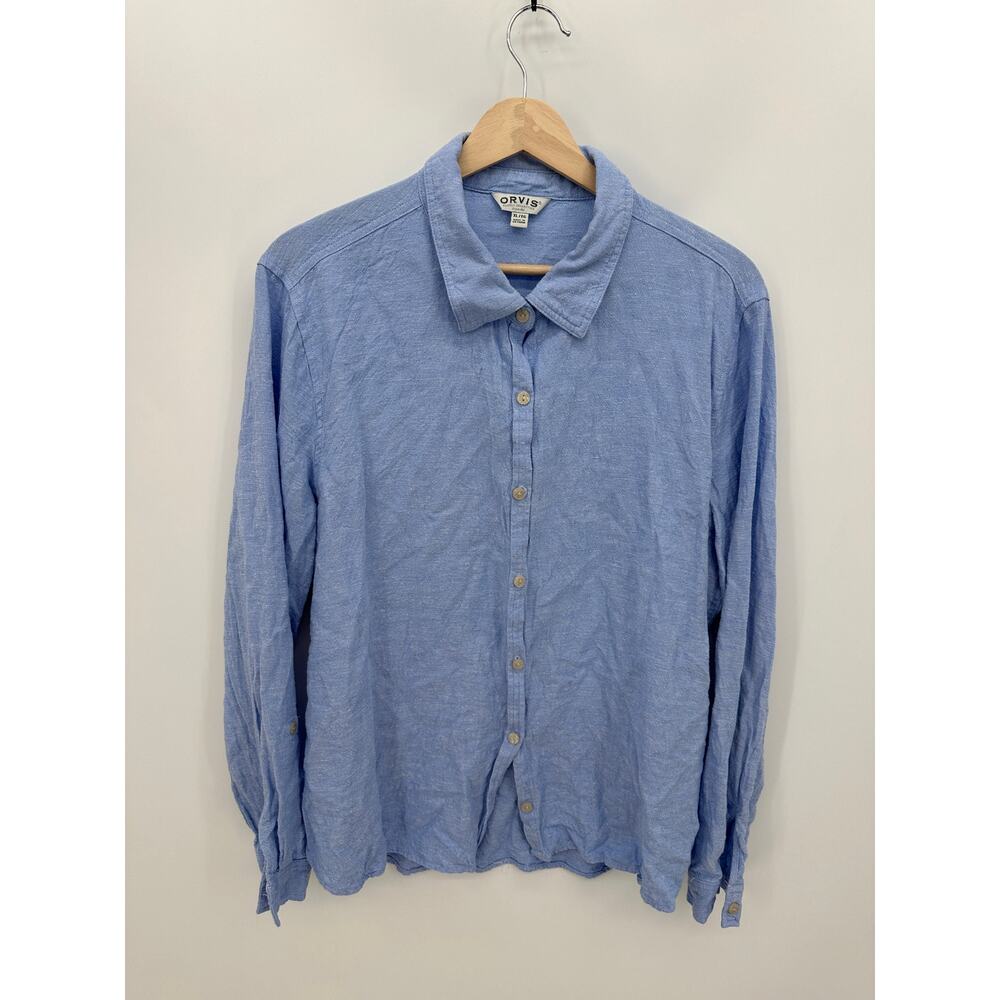 Orvis Women’s XL Blue Linen Rayon Long Sleeve Shirt Boho Coastal Blouse